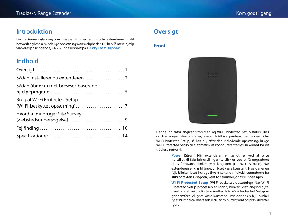 Introduktion, Indhold, Oversigt | Linksys RE2000 User Manual | Page 52 / 457