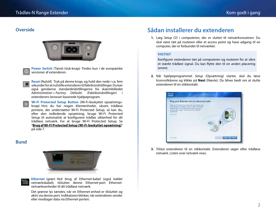 Sådan installerer du extenderen | Linksys RE2000 User Manual | Page 53 / 457