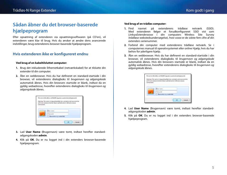 Sådan åbner du det browser-baserede hjælpeprogram, Hvis extenderen ikke er konfigureret endnu, Sådan åbner du det browser-baserede | Hjælpeprogram | Linksys RE2000 User Manual | Page 56 / 457