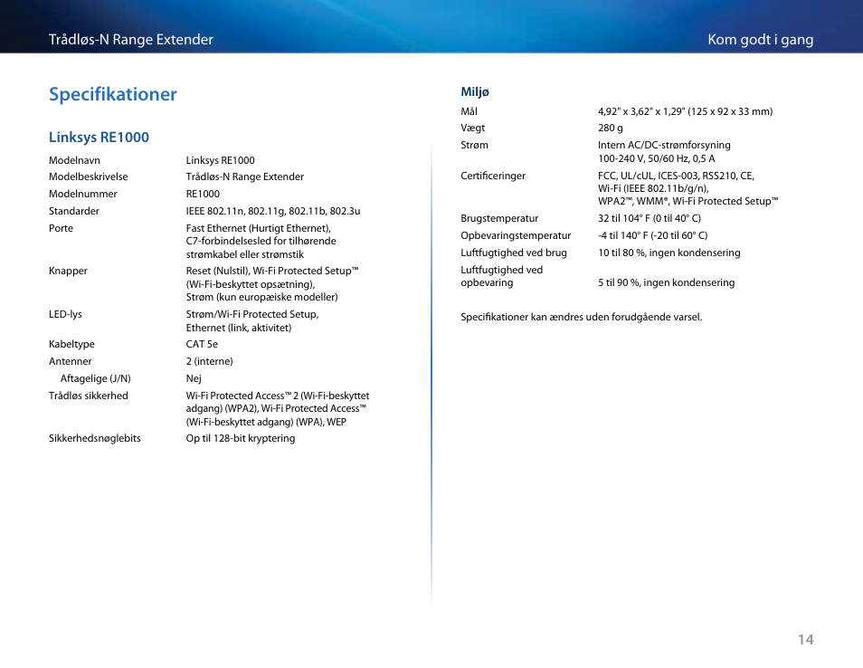 Specifikationer, 14 kom godt i gang trådløs-n range extender, Linksys re1000 | Linksys RE2000 User Manual | Page 65 / 457