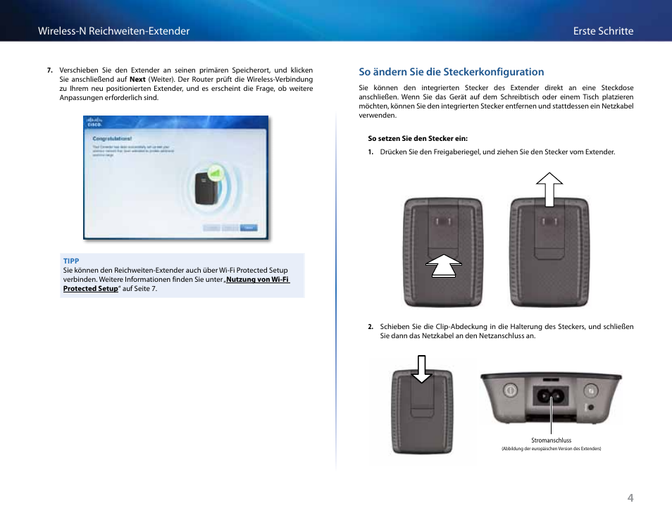 So ändern sie die steckerkonfiguration, Erste schritte wireless-n reichweiten-extender | Linksys RE2000 User Manual | Page 72 / 457