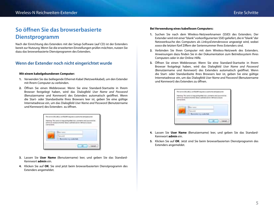 So öffnen sie das browserbasierte dienstprogramm, Wenn der expander noch nicht eingerichtet wurde, So öffnen sie das browserbasierte | Dienstprogramm, Erste schritte wireless-n reichweiten-extender, Wenn der extender noch nicht eingerichtet wurde | Linksys RE2000 User Manual | Page 73 / 457