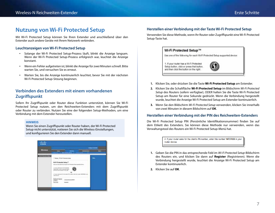Nutzung von wi-fi protected setup, Erste schritte wireless-n reichweiten-extender | Linksys RE2000 User Manual | Page 75 / 457
