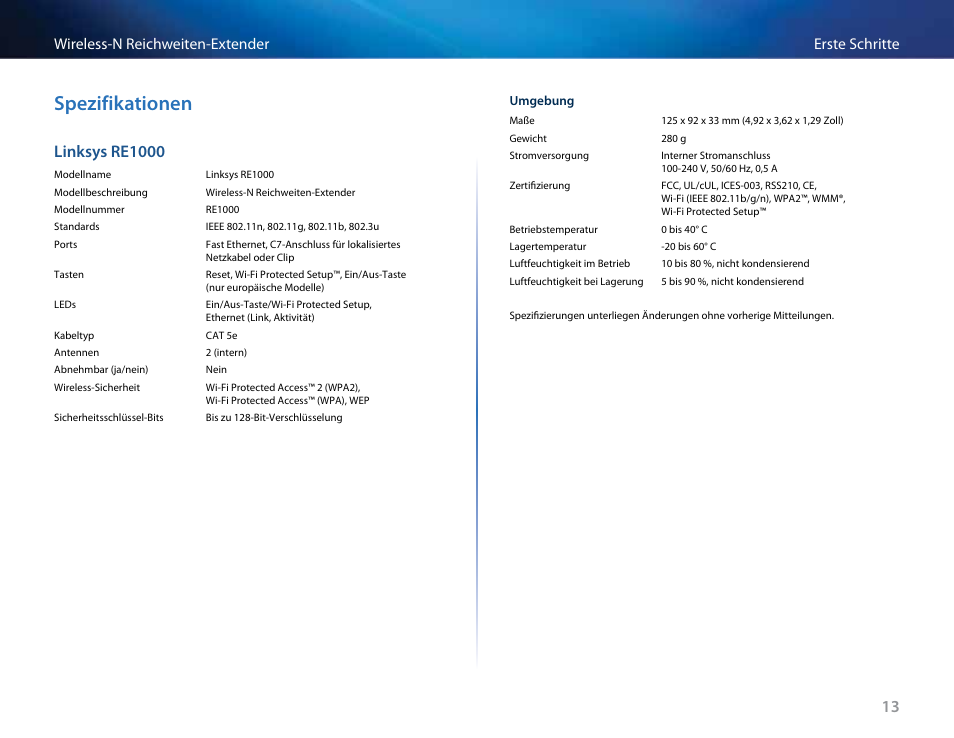 Spezifikationen, Linksys re1000, Erste schritte wireless-n reichweiten-extender | Linksys RE2000 User Manual | Page 81 / 457