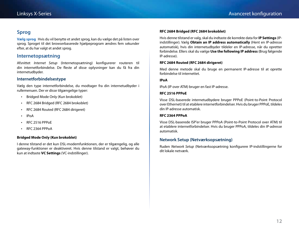 Sprog, Internetopsætning, 12 avanceret konfiguration linksys x-series sprog | Linksys X-Series User Manual | Page 100 / 765