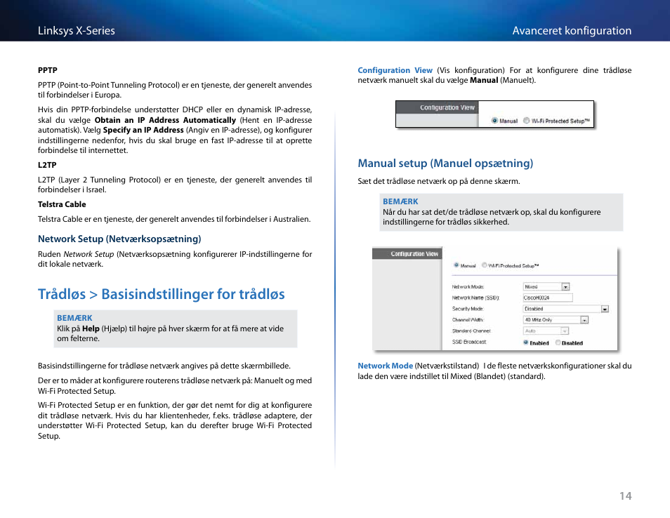 Trådløs > basisindstillinger for trådløs, Manual setup (manuel opsætning) | Linksys X-Series User Manual | Page 102 / 765
