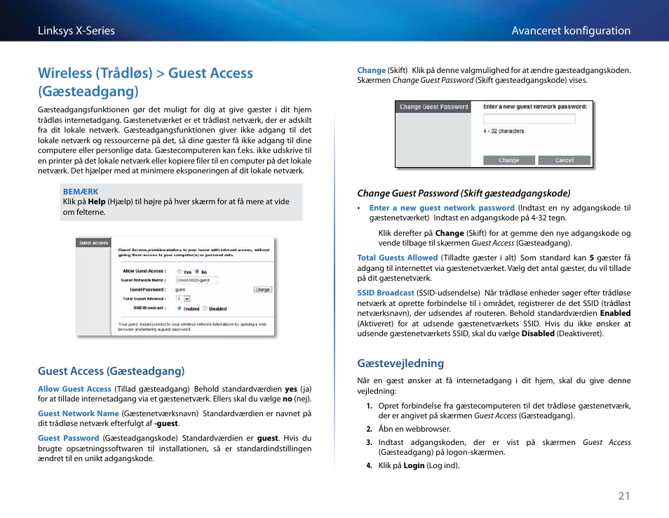 Wireless (trådløs) > guest access (gæsteadgang), Guest access (gæsteadgang), Gæstevejledning | Linksys X-Series User Manual | Page 109 / 765