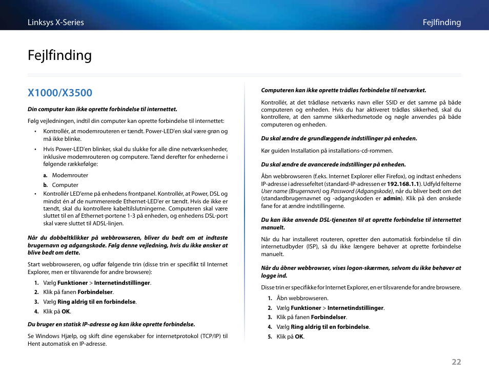 Fejlfinding, X1000/x3500, 22 fejlfinding linksys x-series 22 | Linksys X-Series User Manual | Page 110 / 765