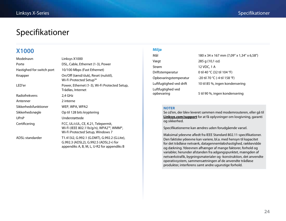 Specifikationer, X1000 | Linksys X-Series User Manual | Page 112 / 765