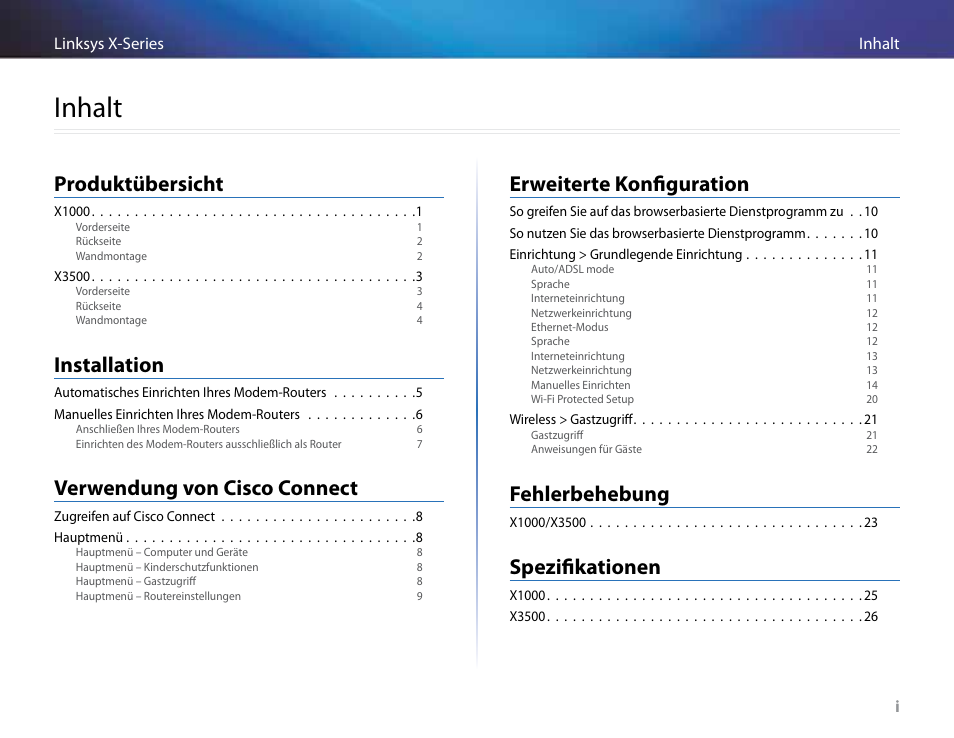 Inhalt, Produktübersicht, Installation | Verwendung von cisco connect, Erweiterte konfiguration, Fehlerbehebung, Spezifikationen | Linksys X-Series User Manual | Page 116 / 765