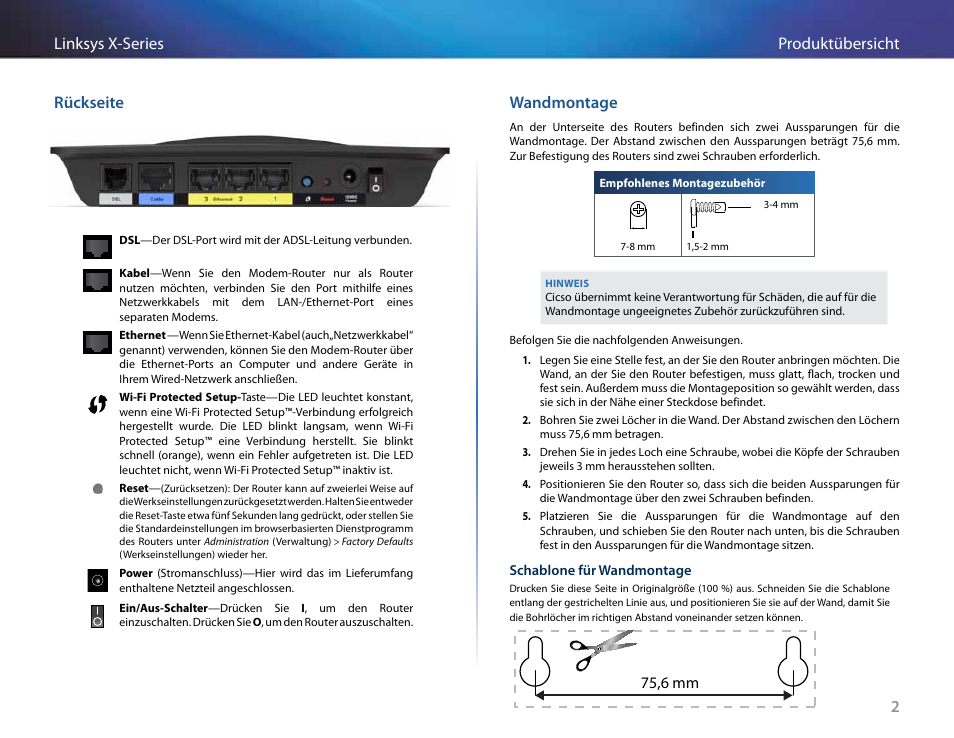 Rückseite, Wandmontage, 2produktübersicht linksys x-series rückseite | 75,6 mm | Linksys X-Series User Manual | Page 118 / 765