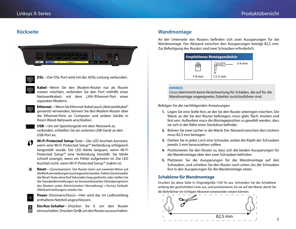 Rückseite, Wandmontage, 4produktübersicht linksys x-series rückseite | Linksys X-Series User Manual | Page 120 / 765
