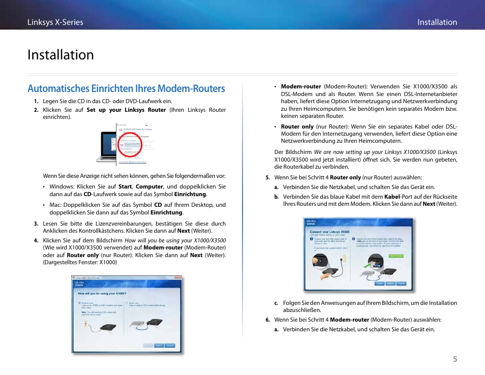 Installation, Automatisches einrichten ihres modem-routers, 5installation linksys x-series 5 | Linksys X-Series User Manual | Page 121 / 765