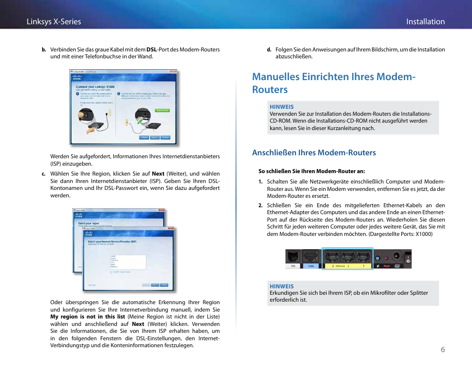 Manuelles einrichten ihres modem-routers, Anschließen ihres modem-routers, Manuelles einrichten ihres modem- routers | Linksys X-Series User Manual | Page 122 / 765