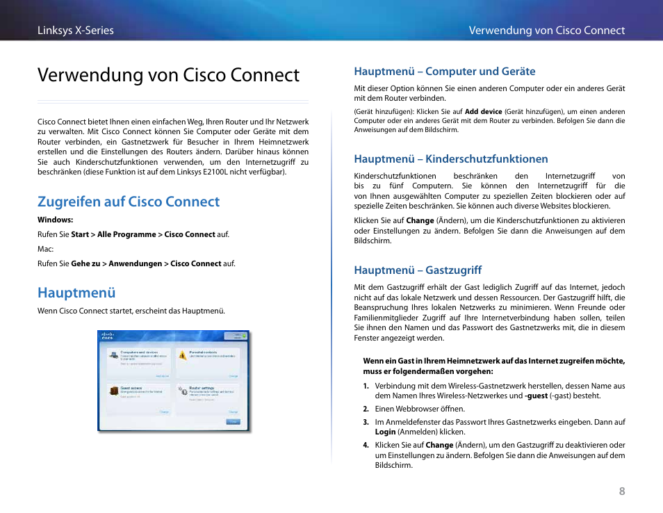 Verwendung von cisco connect, Zugreifen auf cisco connect, Hauptmenü | Linksys X-Series User Manual | Page 124 / 765