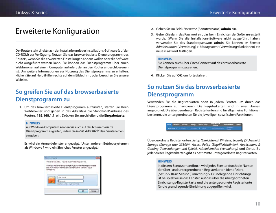 Erweiterte konfiguration, So nutzen sie das browserbasierte dienstprogramm | Linksys X-Series User Manual | Page 126 / 765