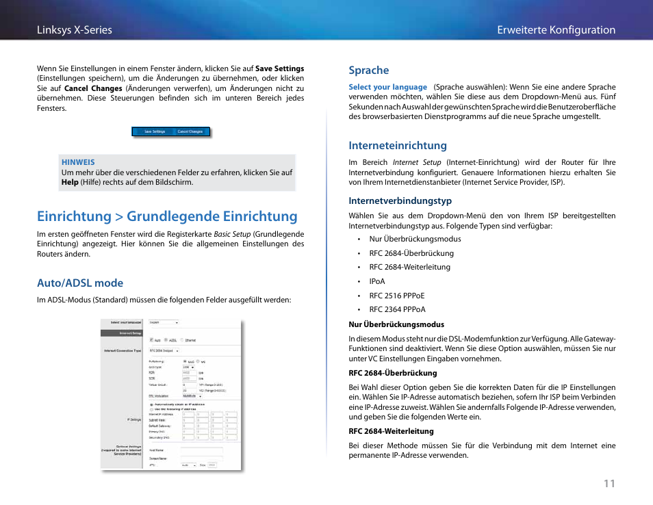 Einrichtung > grundlegende einrichtung, Auto/adsl mode, Sprache | Interneteinrichtung, 11 erweiterte konfiguration linksys x-series | Linksys X-Series User Manual | Page 127 / 765