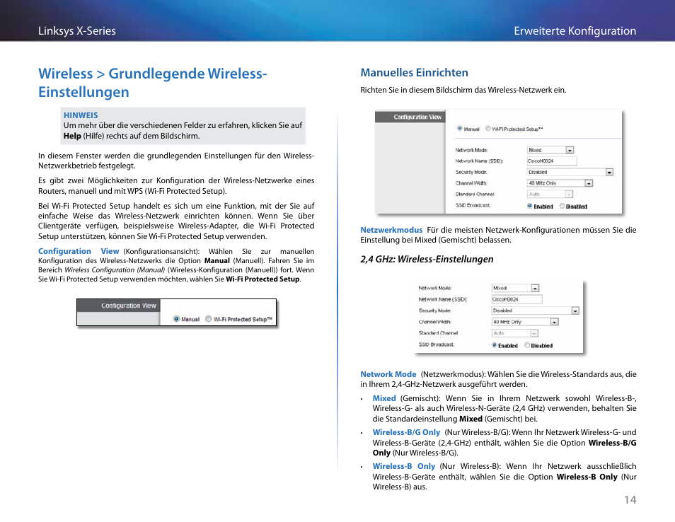 Manuelles einrichten, Wireless > grundlegende wireless- einstellungen, 14 erweiterte konfiguration linksys x-series | Linksys X-Series User Manual | Page 130 / 765