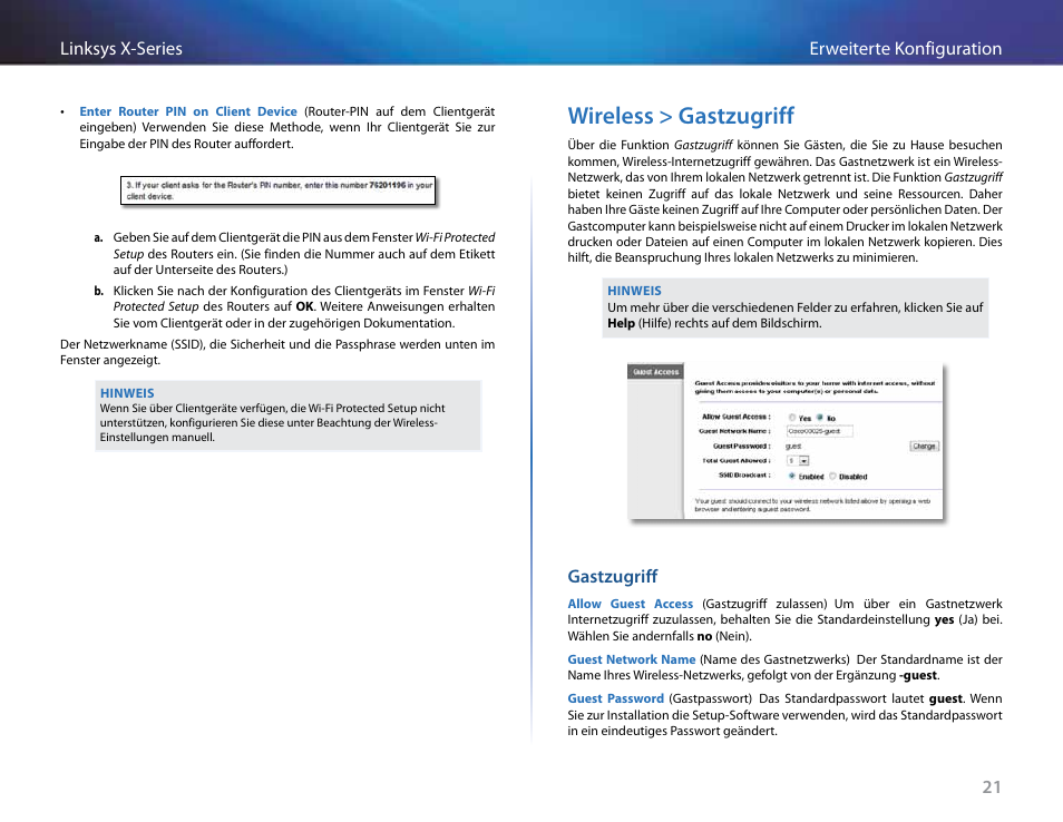 Wireless > gastzugriff, Gastzugriff, 21 erweiterte konfiguration linksys x-series | Linksys X-Series User Manual | Page 137 / 765