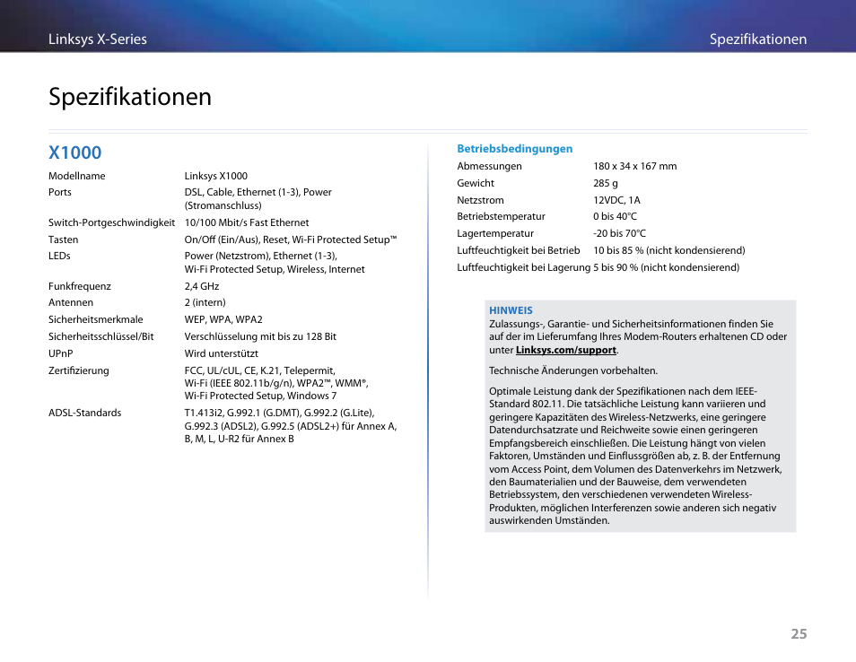 Spezifikationen, X1000 | Linksys X-Series User Manual | Page 141 / 765