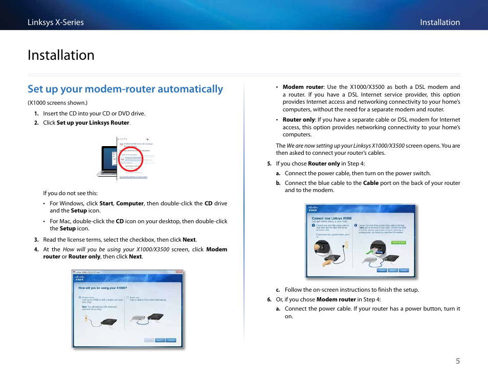 Installation, Set up your modem-router automatically, 5installation linksys x-series 5 | Linksys X-Series User Manual | Page 180 / 765