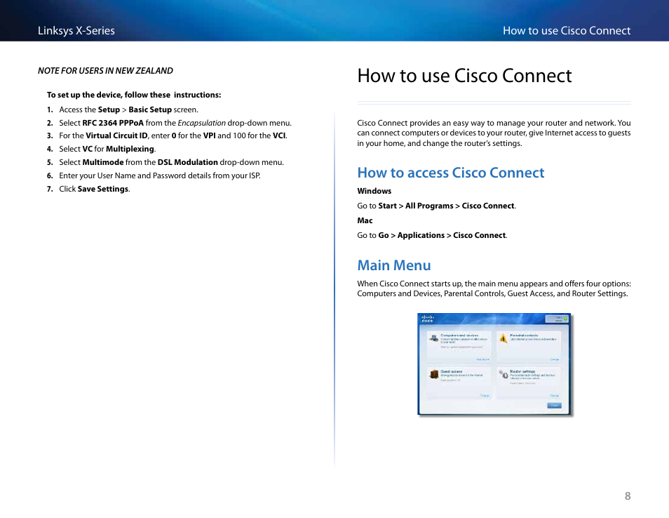 How to use cisco connect, How to access cisco connect, Main menu | How to access cisco connect main menu | Linksys X-Series User Manual | Page 183 / 765