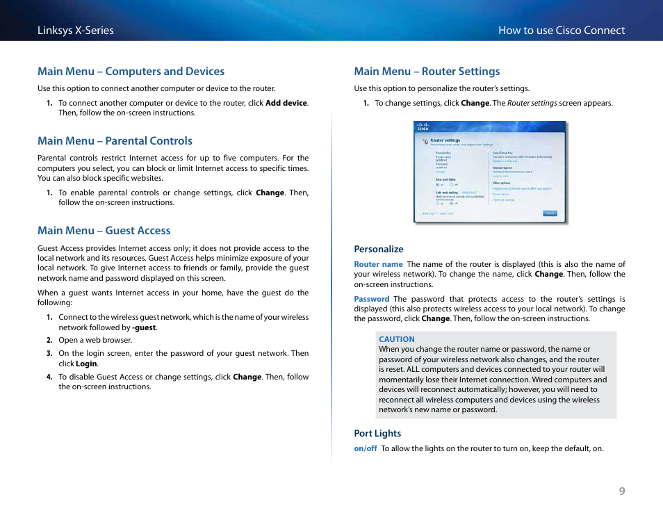 Main menu – computers and devices, Main menu – parental controls, Main menu – guest access | Main menu – router settings | Linksys X-Series User Manual | Page 184 / 765