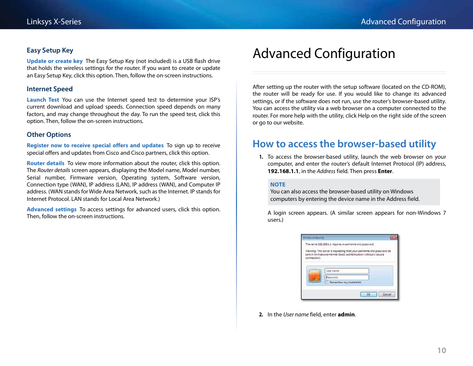 Advanced configuration, How to access the browser-based utility | Linksys X-Series User Manual | Page 185 / 765