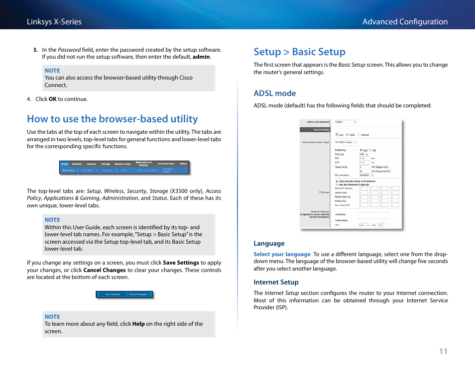 How to use the browser-based utility, Setup > basic setup, Adsl mode | Linksys X-Series User Manual | Page 186 / 765