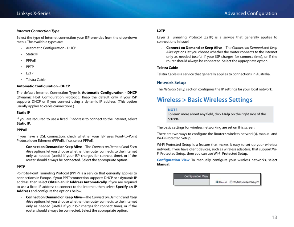 Wireless > basic wireless settings, 13 advanced configuration linksys x-series | Linksys X-Series User Manual | Page 188 / 765