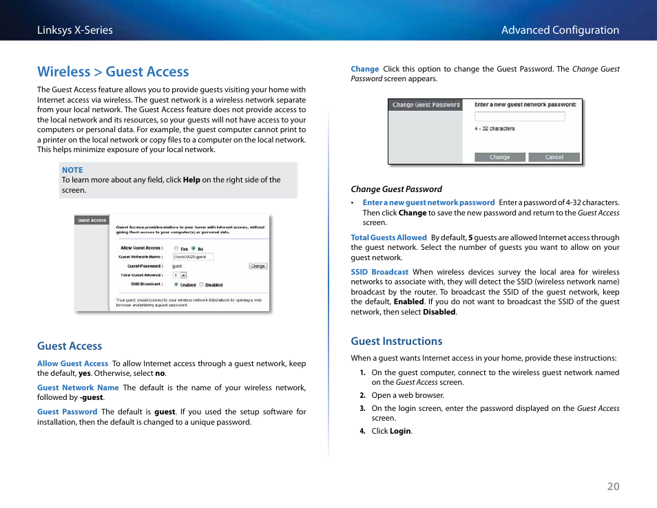 Wireless > guest access, 20 advanced configuration linksys x-series, Guest access | Guest instructions | Linksys X-Series User Manual | Page 195 / 765