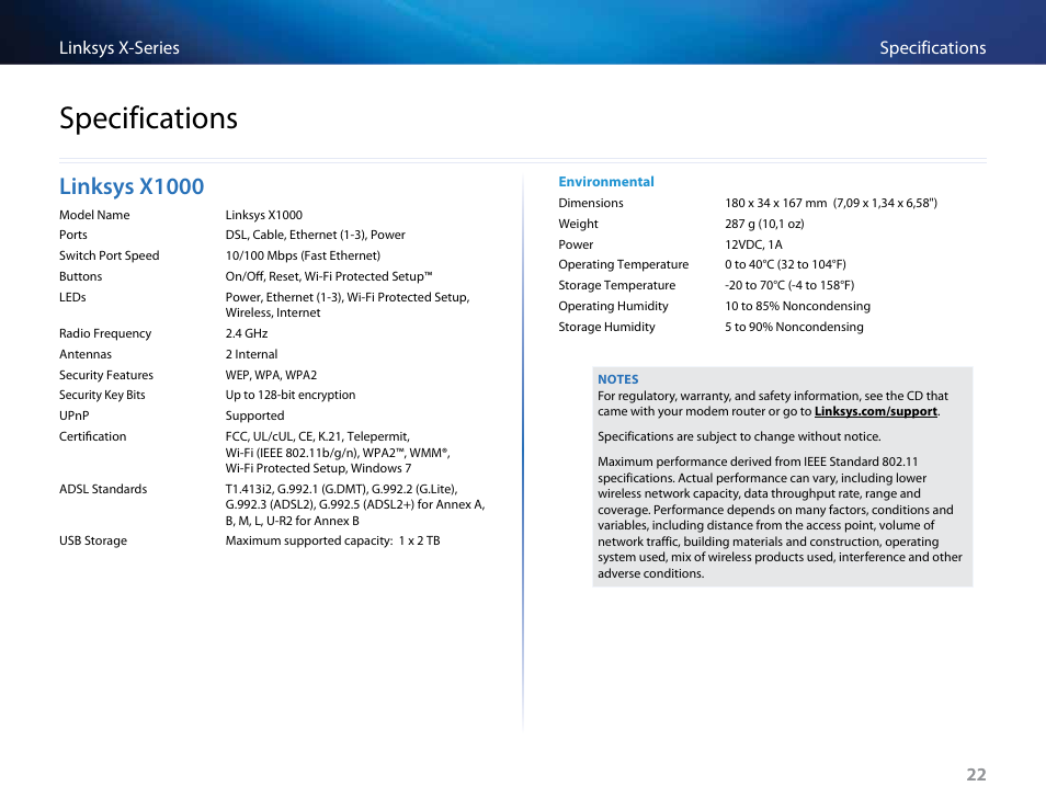 Specifications, Linksys x1000 | Linksys X-Series User Manual | Page 198 / 765