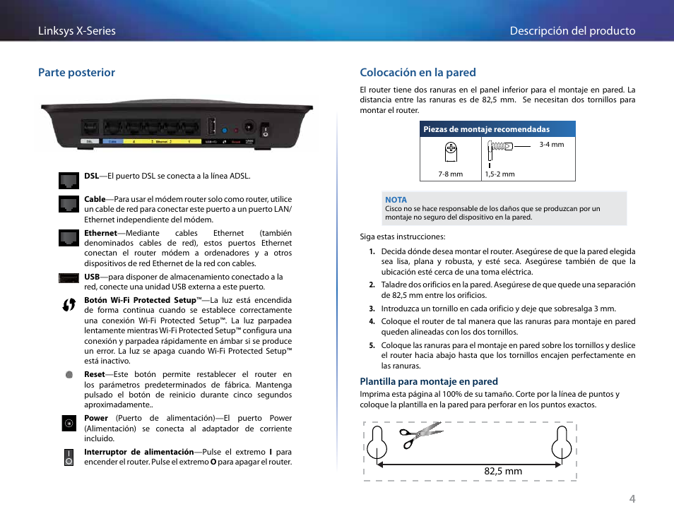 Parte posterior, Colocación en la pared | Linksys X-Series User Manual | Page 206 / 765