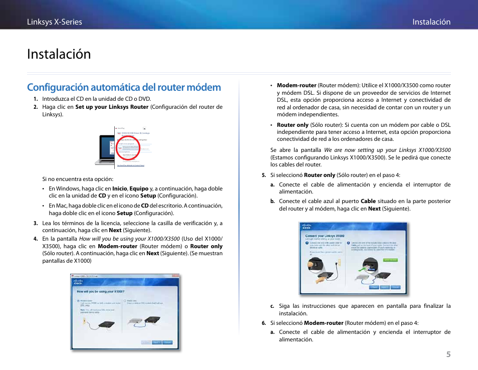 Instalación, Configuración automática del router módem, 5instalación linksys x-series 5 | Linksys X-Series User Manual | Page 207 / 765
