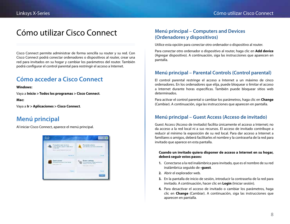 Cómo utilizar cisco connect, Cómo acceder a cisco connect, Menú principal | Linksys X-Series User Manual | Page 210 / 765