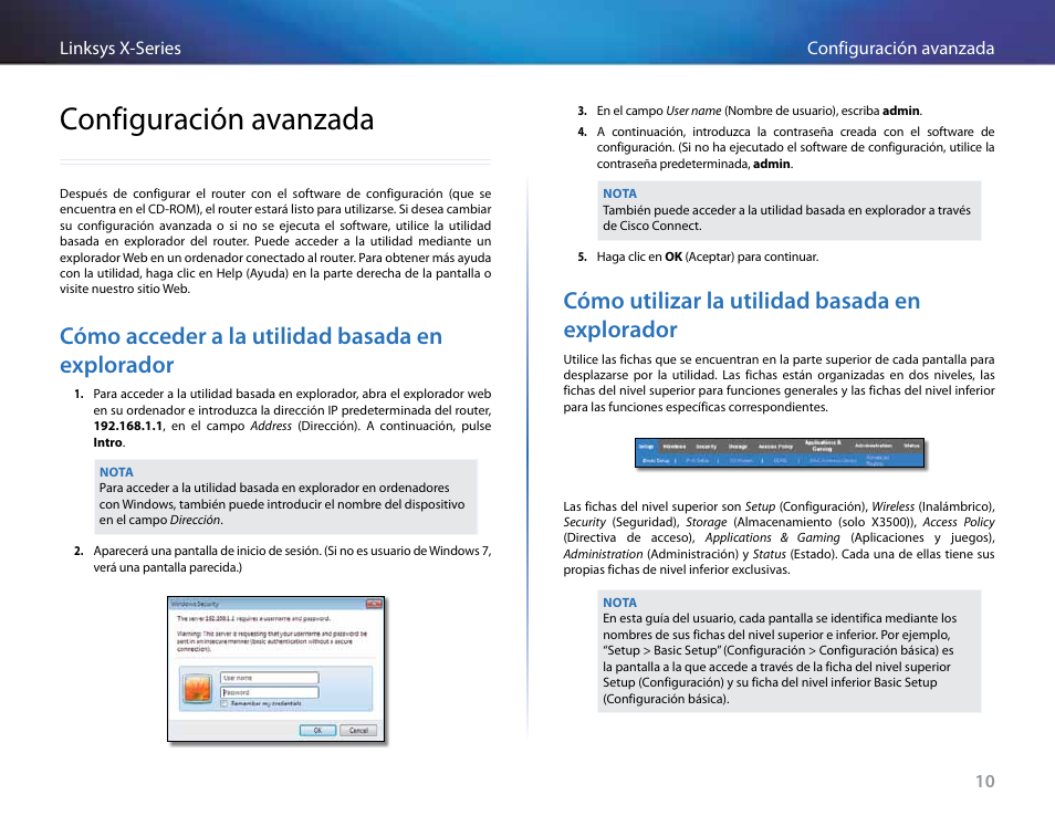 Configuración avanzada, Cómo acceder a la utilidad basada en explorador, Cómo utilizar la utilidad basada en explorador | Linksys X-Series User Manual | Page 212 / 765