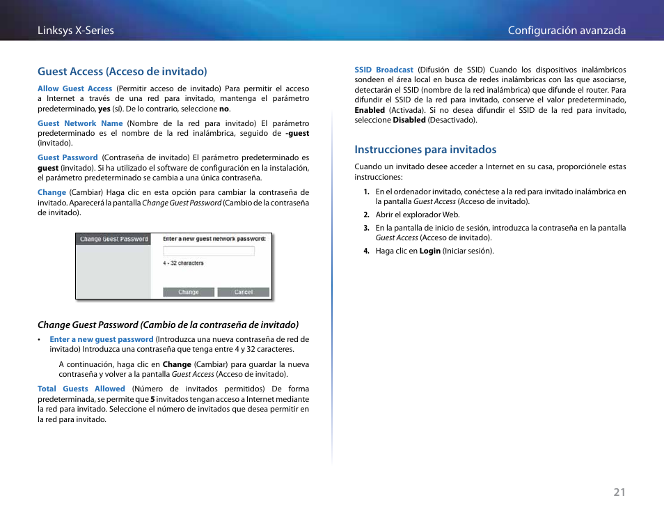 Guest access (acceso de invitado), Instrucciones para invitados | Linksys X-Series User Manual | Page 223 / 765