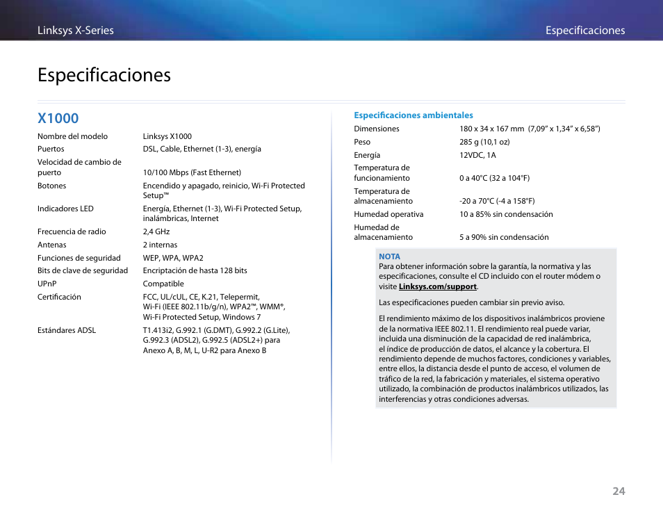 Especificaciones, X1000 | Linksys X-Series User Manual | Page 226 / 765