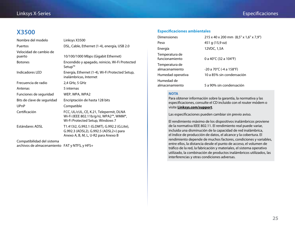 X3500, 25 especificaciones linksys x-series 25 | Linksys X-Series User Manual | Page 227 / 765