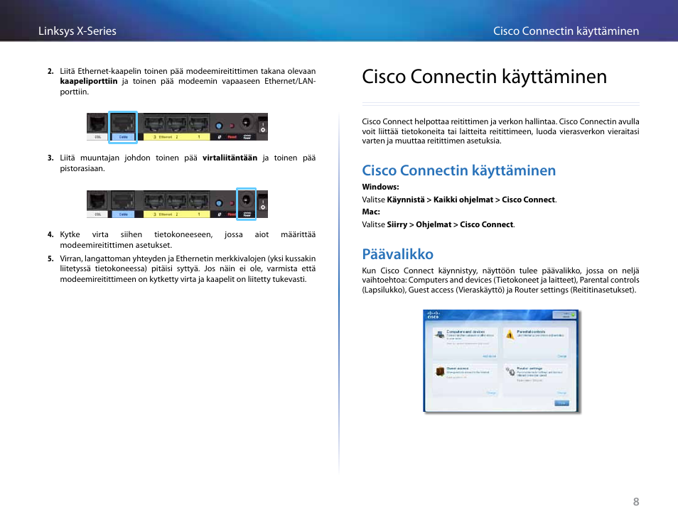 Cisco connectin käyttäminen, Päävalikko | Linksys X-Series User Manual | Page 238 / 765