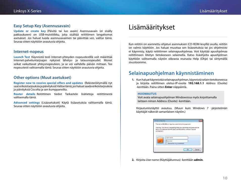 Easy setup key (asennusavain), Internet-nopeus, Other options (muut asetukset) | Lisämääritykset, Selainapuohjelman käynnistäminen | Linksys X-Series User Manual | Page 240 / 765