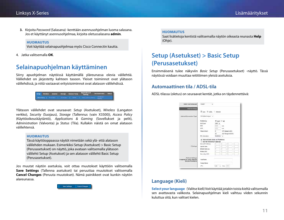 Selainapuohjelman käyttäminen, Setup (asetukset) > basic setup (perusasetukset), Automaattinen tila / adsl-tila | Language (kieli) | Linksys X-Series User Manual | Page 241 / 765