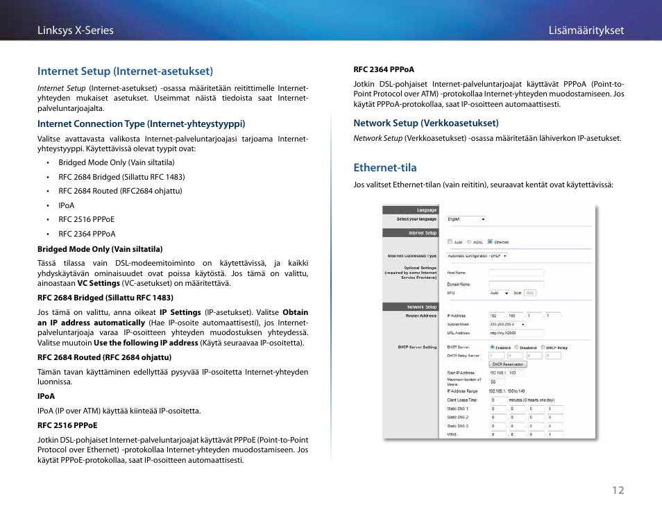 Internet setup (internet-asetukset), Ethernet-tila | Linksys X-Series User Manual | Page 242 / 765