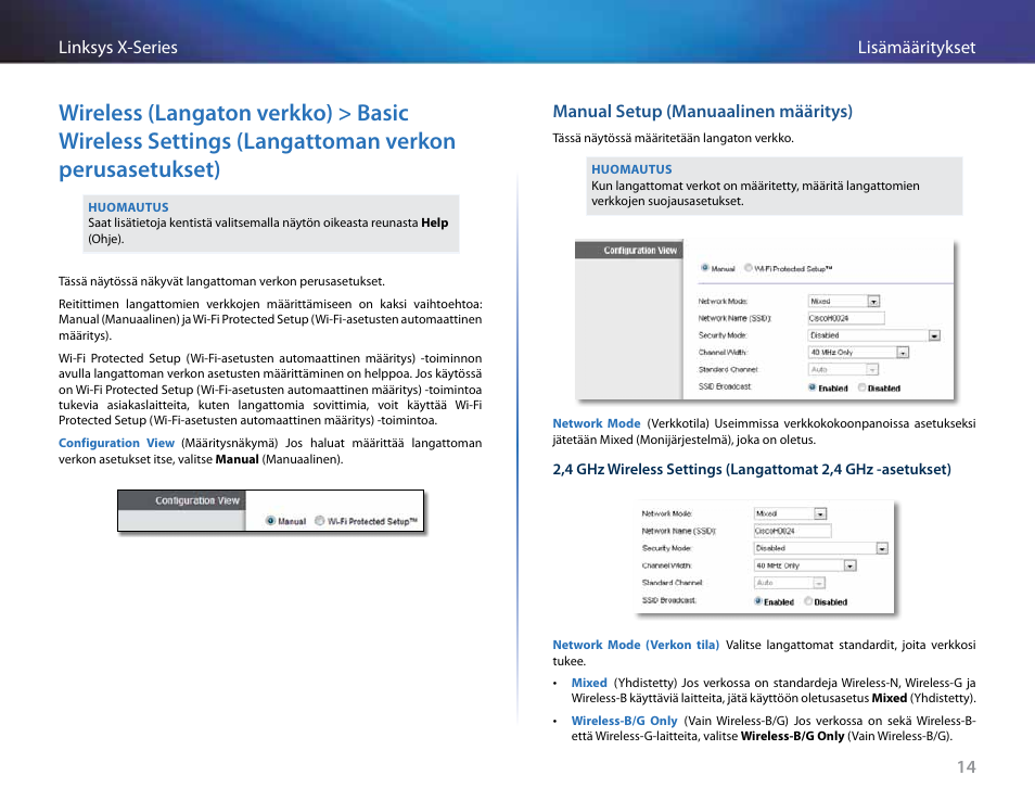 Manual setup (manuaalinen määritys), Langattoman verkon perusasetukset) | Linksys X-Series User Manual | Page 244 / 765