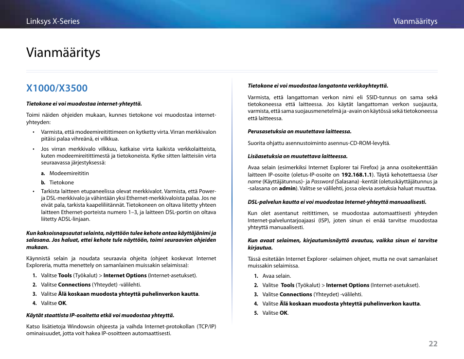 Vianmääritys, X1000/x3500, 22 vianmääritys linksys x-series 22 | Linksys X-Series User Manual | Page 252 / 765