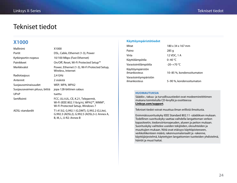 Tekniset tiedot, X1000 | Linksys X-Series User Manual | Page 254 / 765