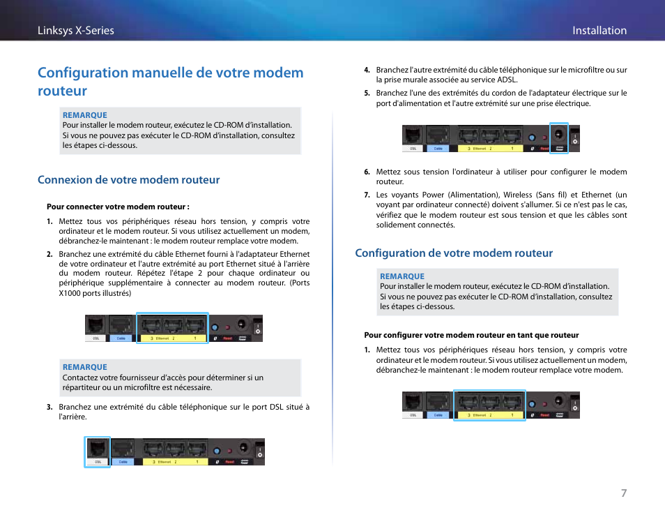 Configuration manuelle de votre modem routeur, Connexion de votre modem routeur, Configuration de votre modem routeur | Linksys X-Series User Manual | Page 265 / 765