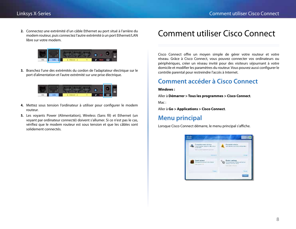 Comment utiliser cisco connect, Comment accéder à cisco connect, Menu principal | Linksys X-Series User Manual | Page 266 / 765