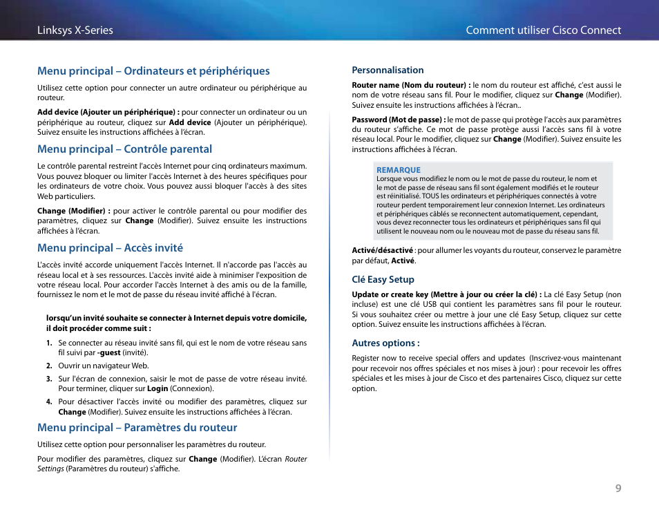 Menu principal – ordinateurs et périphériques, Menu principal – contrôle parental, Menu principal – accès invité | Menu principal – paramètres du routeur | Linksys X-Series User Manual | Page 267 / 765