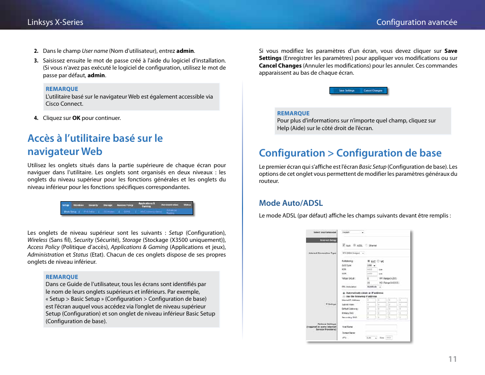 Accès à l’utilitaire basé sur le navigateur web, Configuration > configuration de base, Mode auto/adsl | Linksys X-Series User Manual | Page 269 / 765